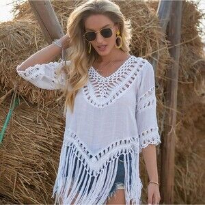 White fringe V-Neck Crochet Hollow Tassled Swimsuit Cover Ups Dress